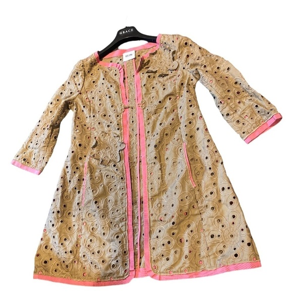 🎉HP🎉Moschino vintage embroidered tan lace pink trim jacket kimono Sz L - Picture 10 of 11